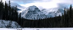 Preview wallpaper mountain, peak, river, forest, snow, snowy