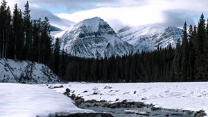 Preview wallpaper mountain, peak, river, forest, snow, snowy
