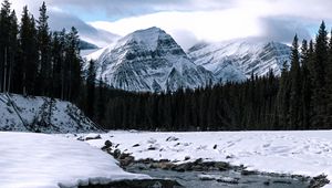 Preview wallpaper mountain, peak, river, forest, snow, snowy