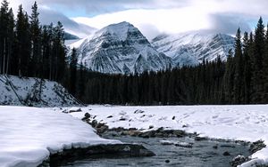 Preview wallpaper mountain, peak, river, forest, snow, snowy