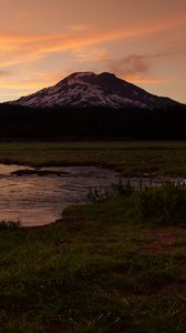 Preview wallpaper mountain, peak, river, water, landscape, twilight