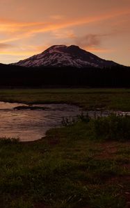 Preview wallpaper mountain, peak, river, water, landscape, twilight