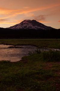 Preview wallpaper mountain, peak, river, water, landscape, twilight