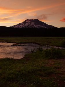 Preview wallpaper mountain, peak, river, water, landscape, twilight