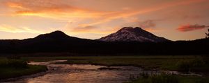 Preview wallpaper mountain, peak, river, water, landscape, twilight