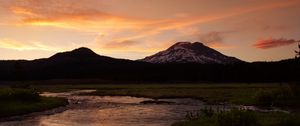 Preview wallpaper mountain, peak, river, water, landscape, twilight