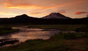 Preview wallpaper mountain, peak, river, water, landscape, twilight