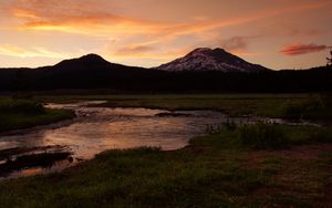 Preview wallpaper mountain, peak, river, water, landscape, twilight