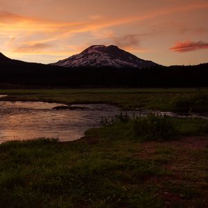 Preview wallpaper mountain, peak, river, water, landscape, twilight