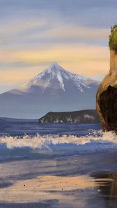 Preview wallpaper mountain, peak, rock, sea, foam, art