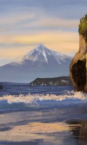 Preview wallpaper mountain, peak, rock, sea, foam, art