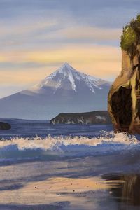 Preview wallpaper mountain, peak, rock, sea, foam, art