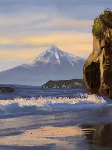 Preview wallpaper mountain, peak, rock, sea, foam, art