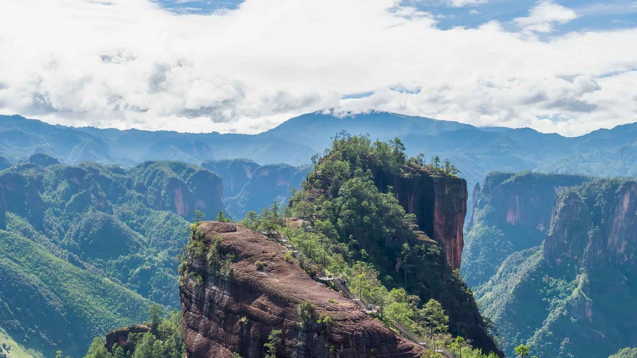 Wallpaper mountain, peak, rock, trees, clouds, landscape