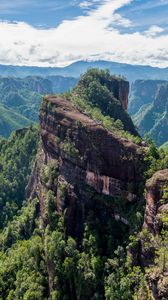 Preview wallpaper mountain, peak, rock, trees, clouds, landscape