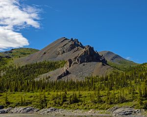 Preview wallpaper mountain, peak, rocks, spruce, trees