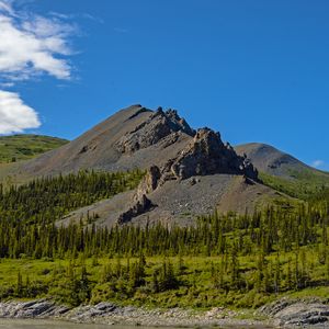 Preview wallpaper mountain, peak, rocks, spruce, trees