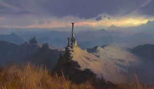 Preview wallpaper mountain, peak, ruins, columns, art