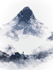 Preview wallpaper mountain, peak, silhouette, snow, clouds, white