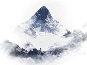 Preview wallpaper mountain, peak, silhouette, snow, clouds, white