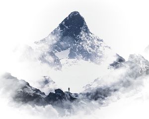 Preview wallpaper mountain, peak, silhouette, snow, clouds, white