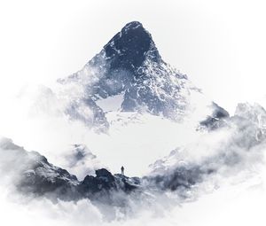 Preview wallpaper mountain, peak, silhouette, snow, clouds, white