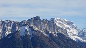Preview wallpaper mountain, peak, slope, snow, forest, landscape