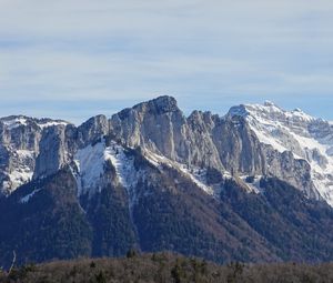 Preview wallpaper mountain, peak, slope, snow, forest, landscape