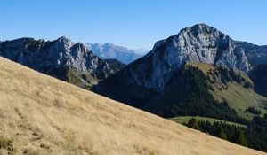Preview wallpaper mountain, peak, slopes, trees, nature, alps