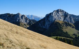 Preview wallpaper mountain, peak, slopes, trees, nature, alps