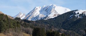 Preview wallpaper mountain, peak, snow, trees, forest, landscape, nature