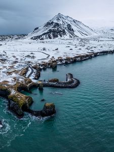 Preview wallpaper mountain, peak, snow, island, sea, nature