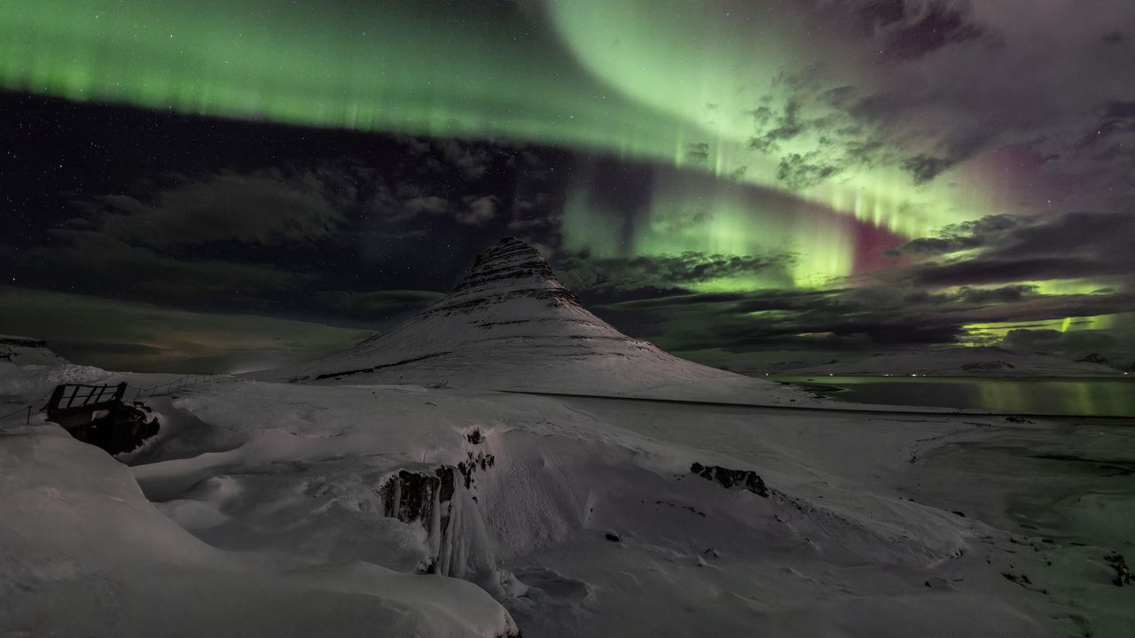 Wallpaper mountain, peak, snow, northern lights, night, nature