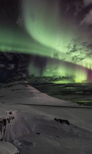 Preview wallpaper mountain, peak, snow, northern lights, night, nature