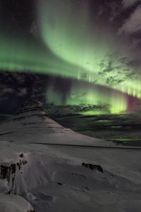 Preview wallpaper mountain, peak, snow, northern lights, night, nature