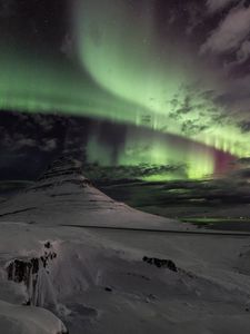 Preview wallpaper mountain, peak, snow, northern lights, night, nature
