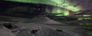 Preview wallpaper mountain, peak, snow, northern lights, night, nature