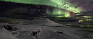 Preview wallpaper mountain, peak, snow, northern lights, night, nature