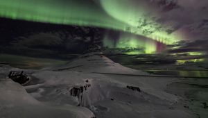 Preview wallpaper mountain, peak, snow, northern lights, night, nature