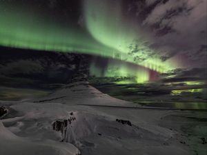 Preview wallpaper mountain, peak, snow, northern lights, night, nature