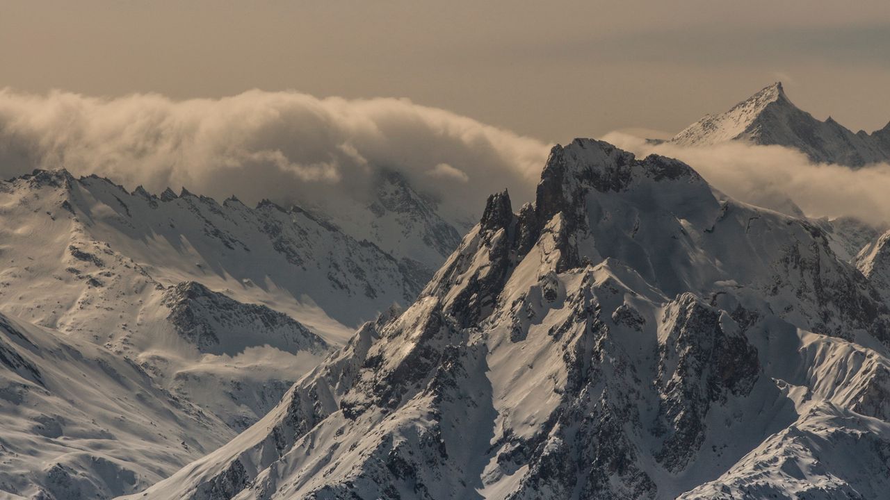Wallpaper mountain, peak, snow, snowy, twilight, france