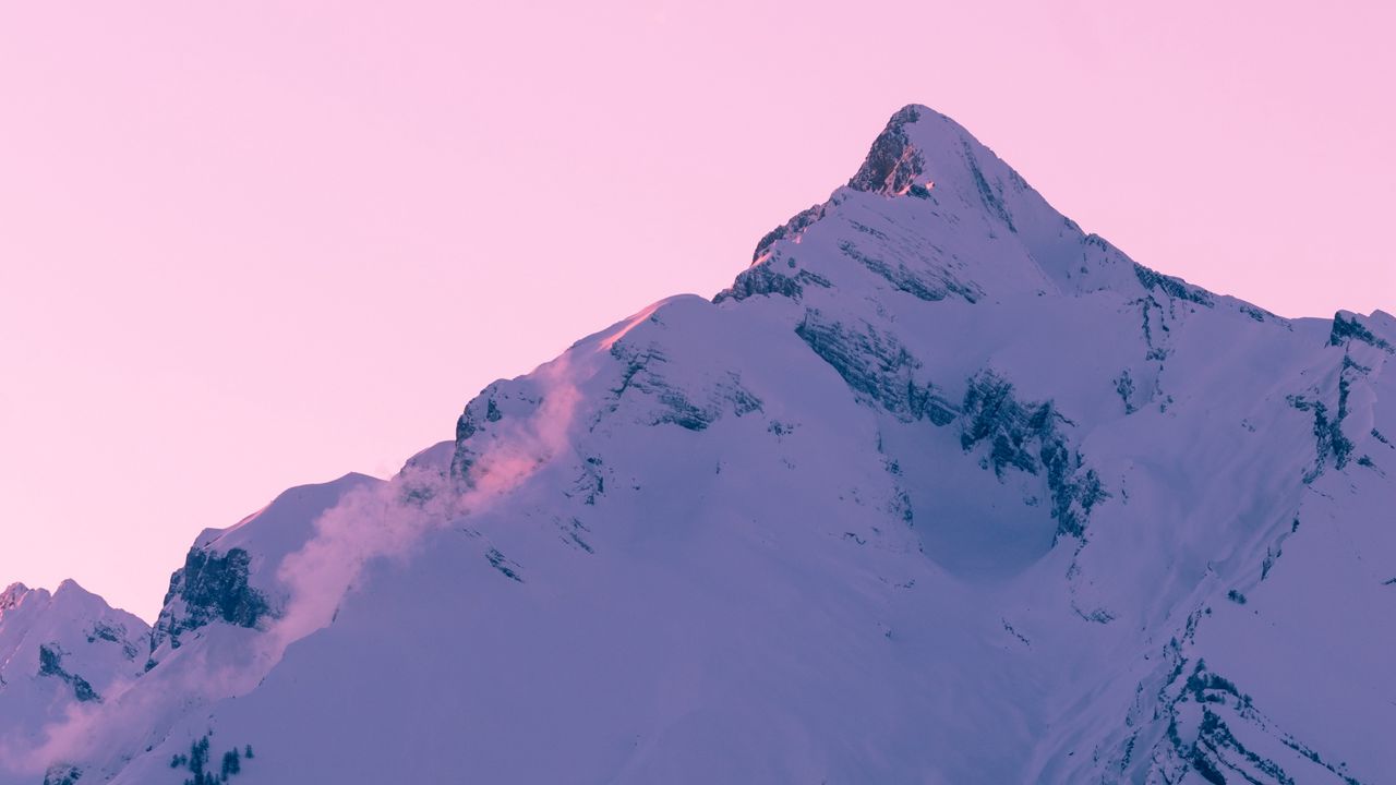 Wallpaper mountain, peak, snow, winter, sunset, sky, pink