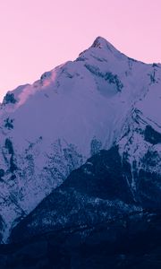 Preview wallpaper mountain, peak, snow, winter, sunset, sky, pink