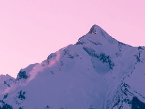 Preview wallpaper mountain, peak, snow, winter, sunset, sky, pink