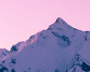 Preview wallpaper mountain, peak, snow, winter, sunset, sky, pink