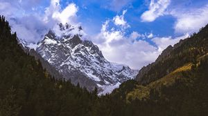 Preview wallpaper mountain, peak, snow, forest, trees, landscape