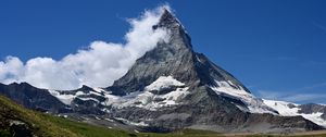 Preview wallpaper mountain, peak, snow, snowy, clouds, grass