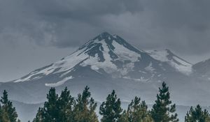 Preview wallpaper mountain, peak, snow, snowy, spruce, grass