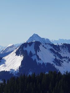 Preview wallpaper mountain, peak, snow, trees, winter, landscape