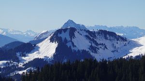 Preview wallpaper mountain, peak, snow, trees, winter, landscape